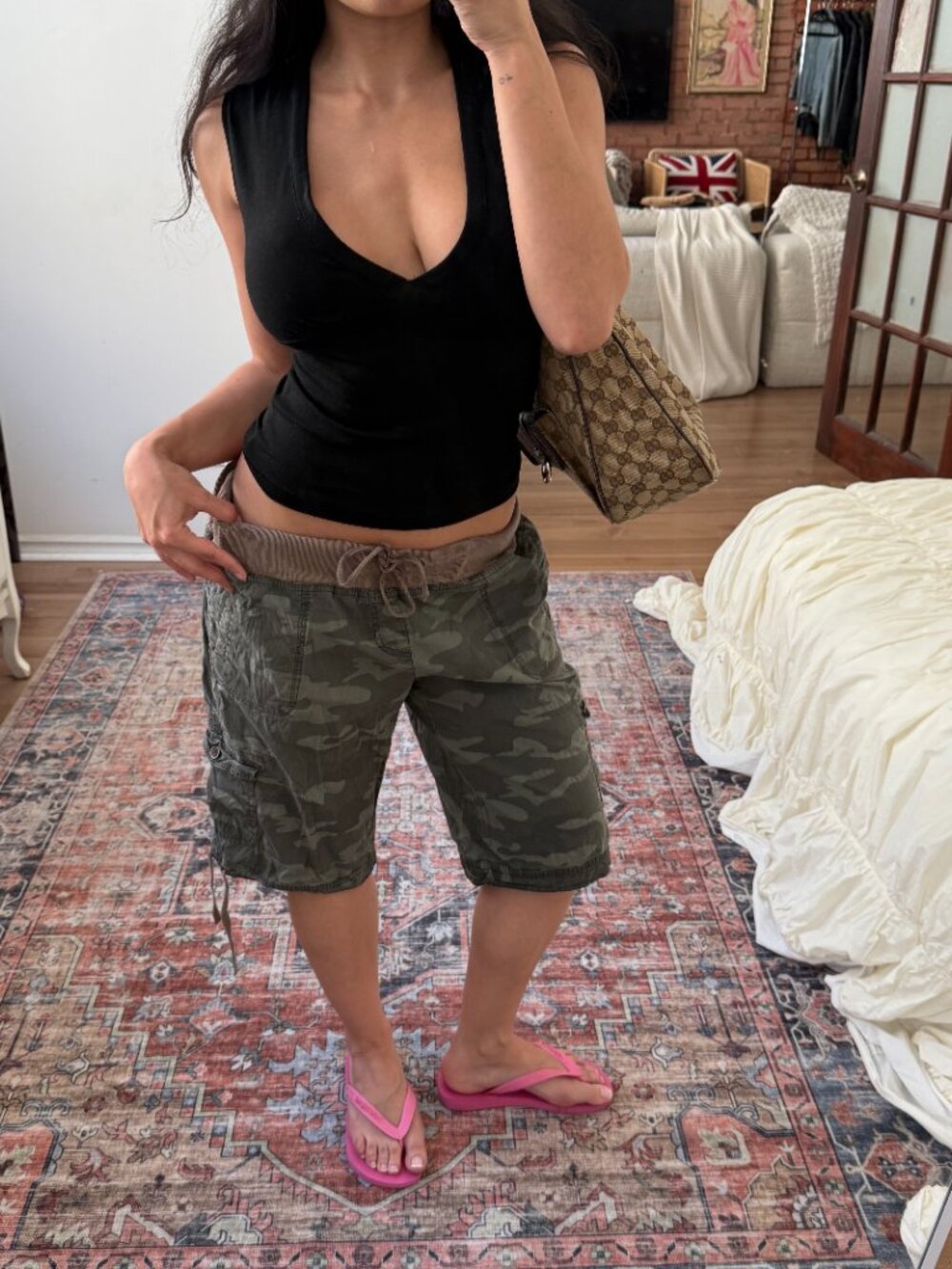(SOLD)Y2K Camo Cargo Capris S Utility Drawstring